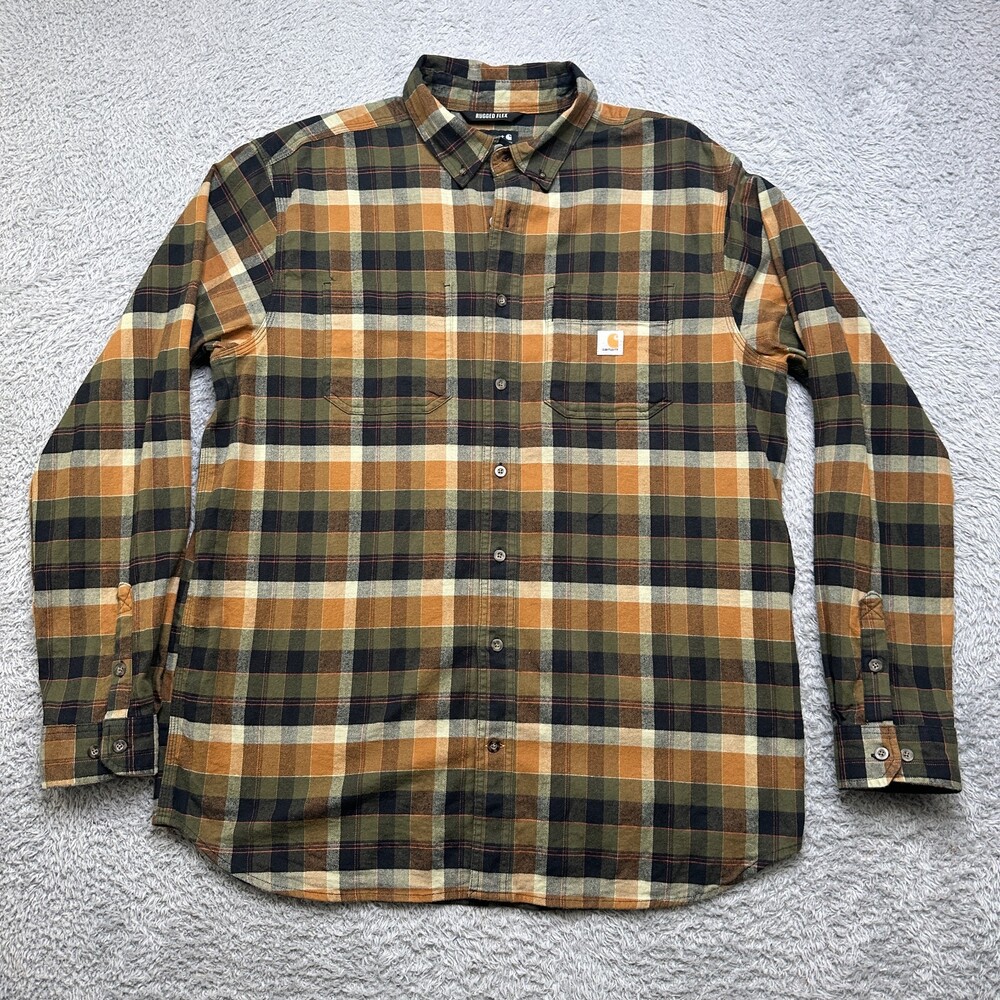 Carhartt Flannel Shirt Mens XLT Green Orange Plaid Long Sleeve Rugged 104448 075